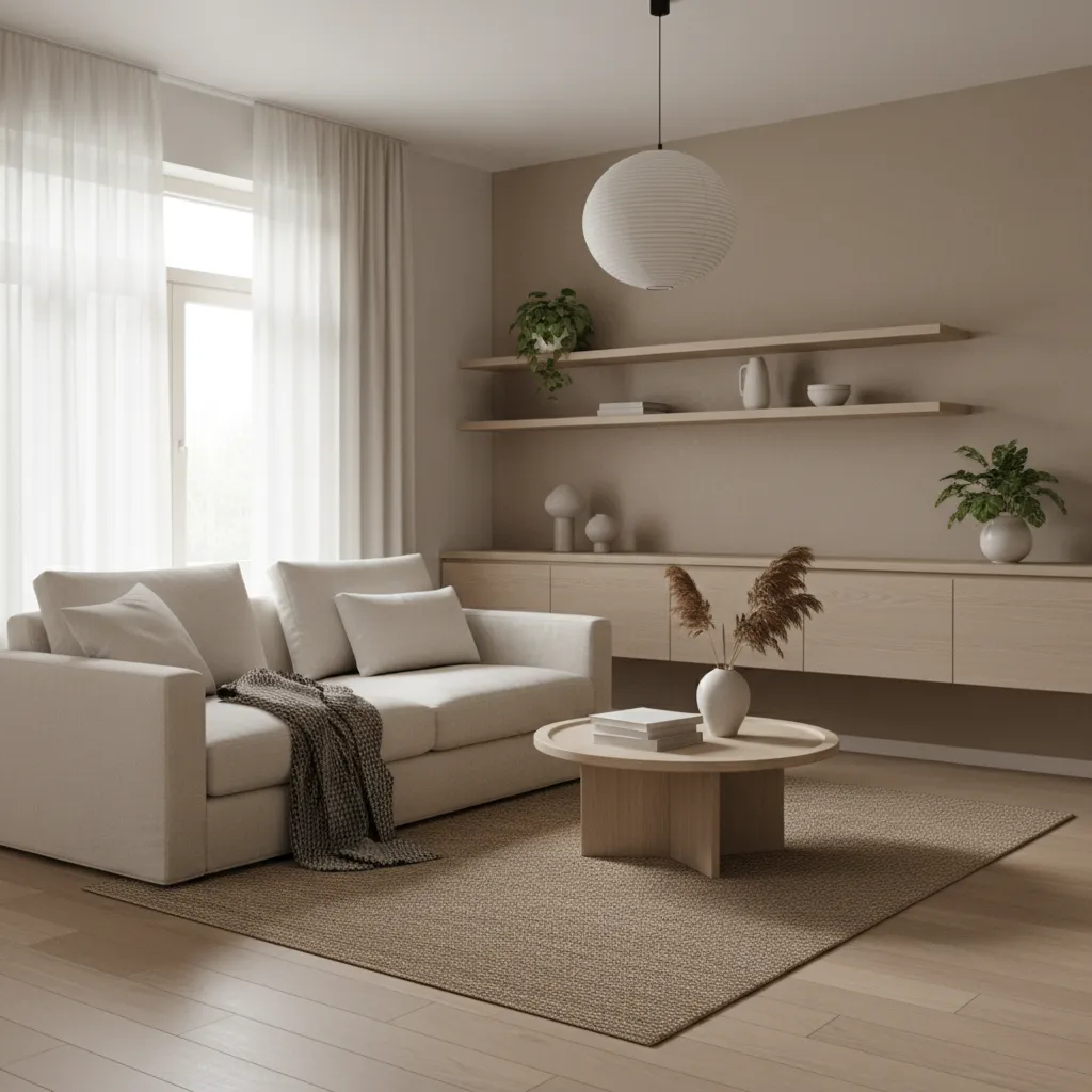 Interior estilo japandi con madera clara y diseño minimalista