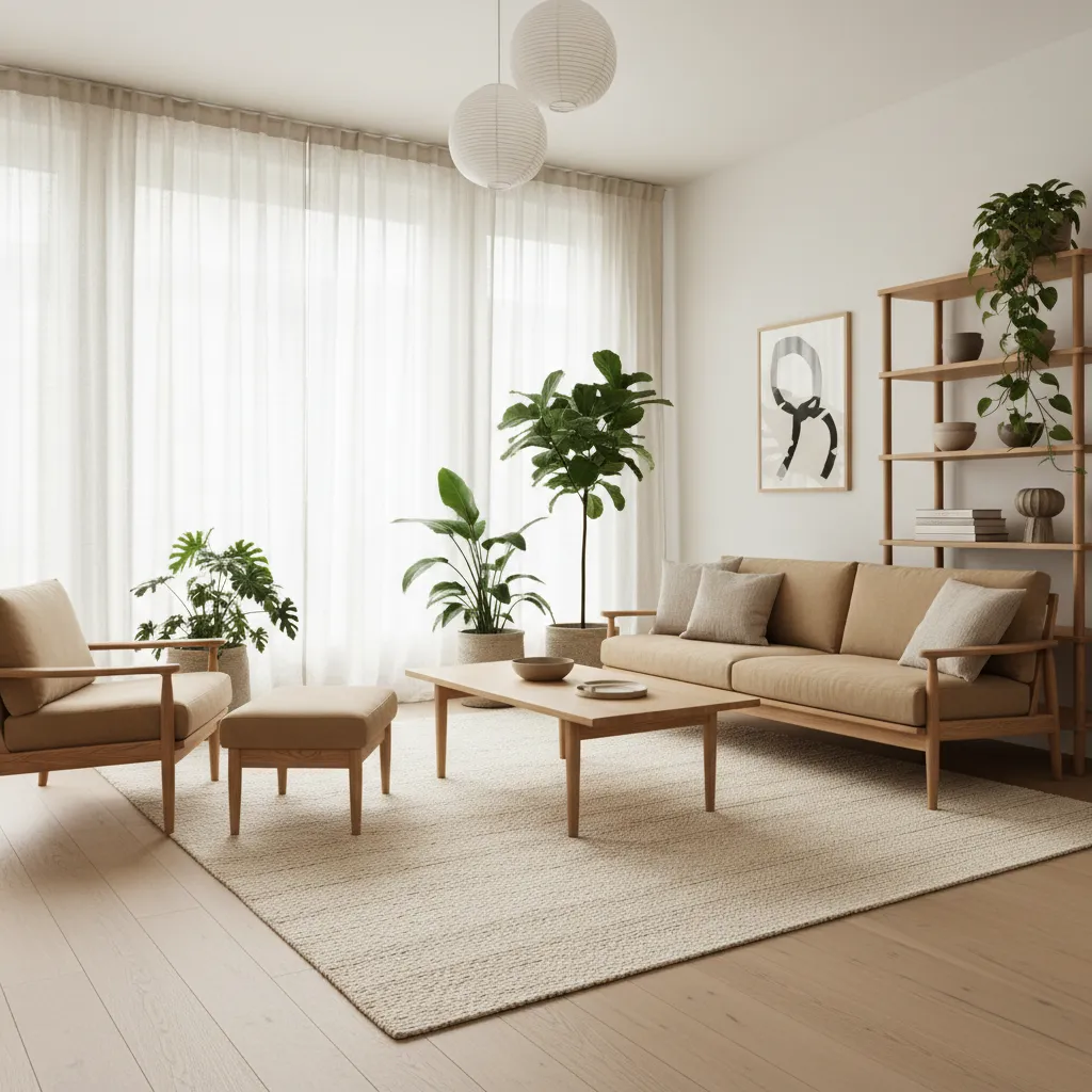 Interior estilo Japandi con madera clara y decoración minimalista