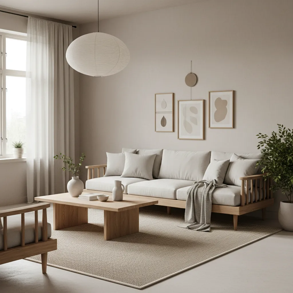 Salón con estilo japandi con muebles de madera clara y decoración minimalista