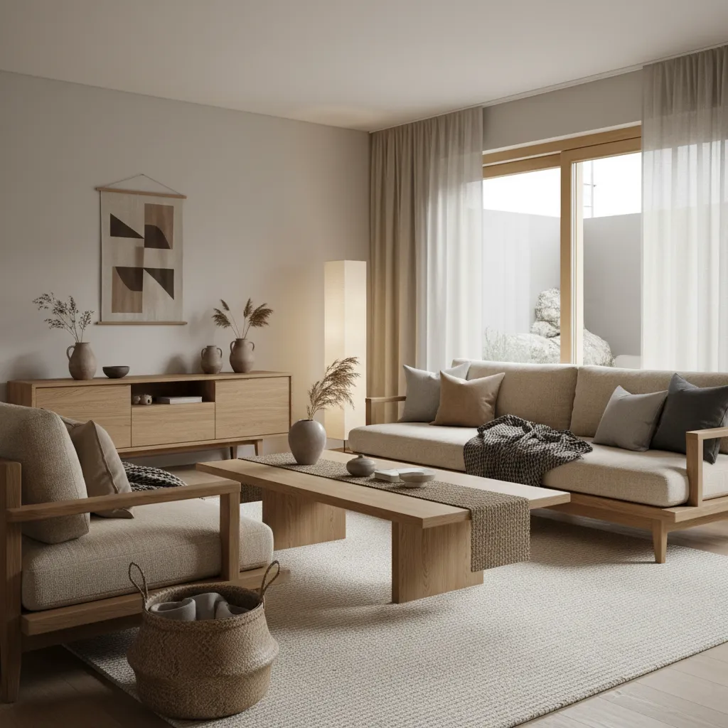 Interior estilo japandi con muebles bajos y madera natural