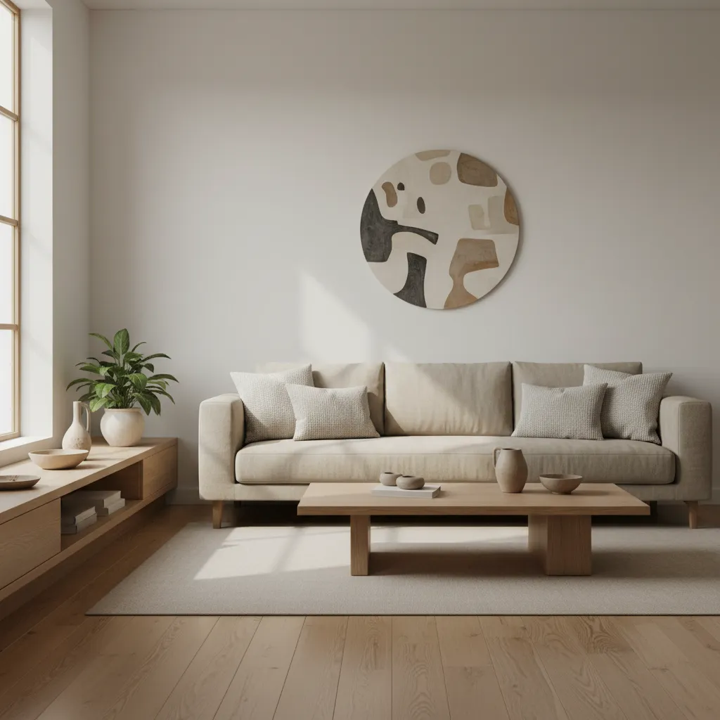 Salón estilo Japandi con muebles bajos de madera y decoración minimalista