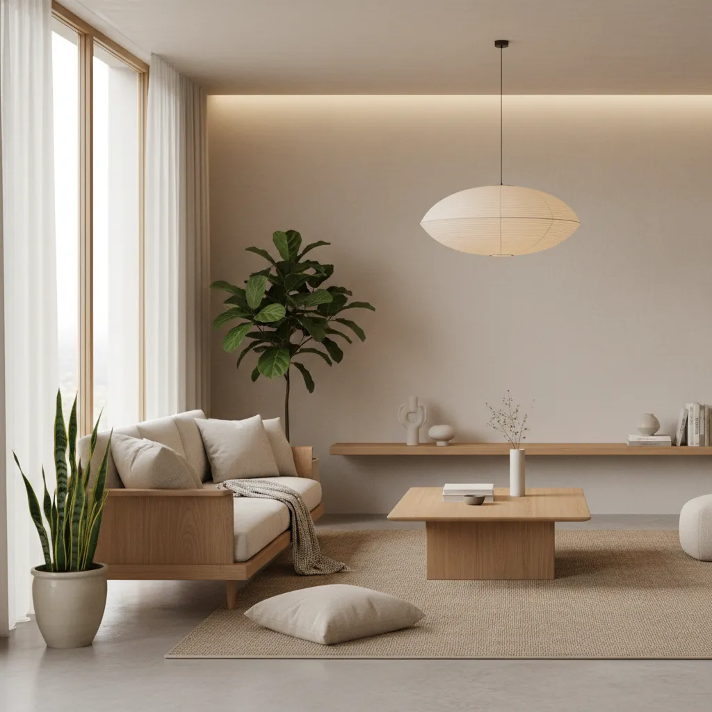 Salón estilo japandi con madera clara, líneas simples y tonos neutros