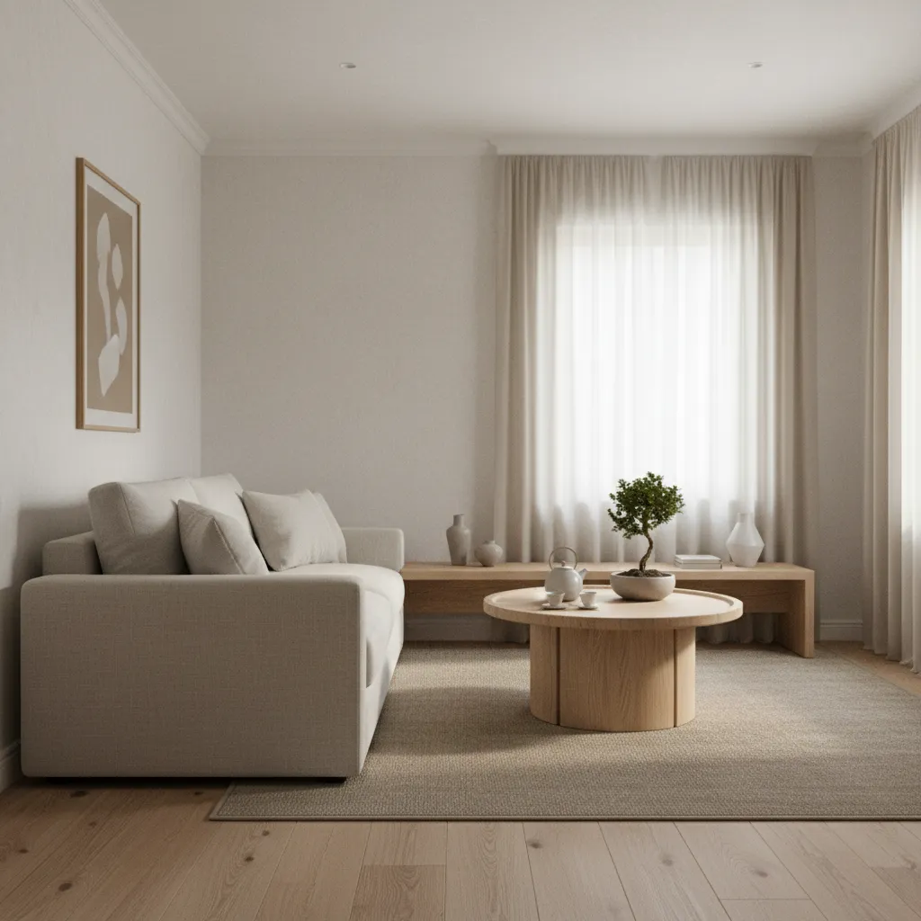 Salón pequeño estilo japandi con muebles minimalistas y materiales naturales