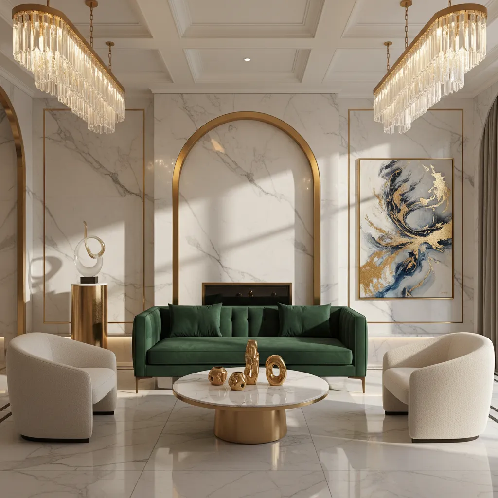 Interior glamuroso con mármol, latón y mobiliario escultórico