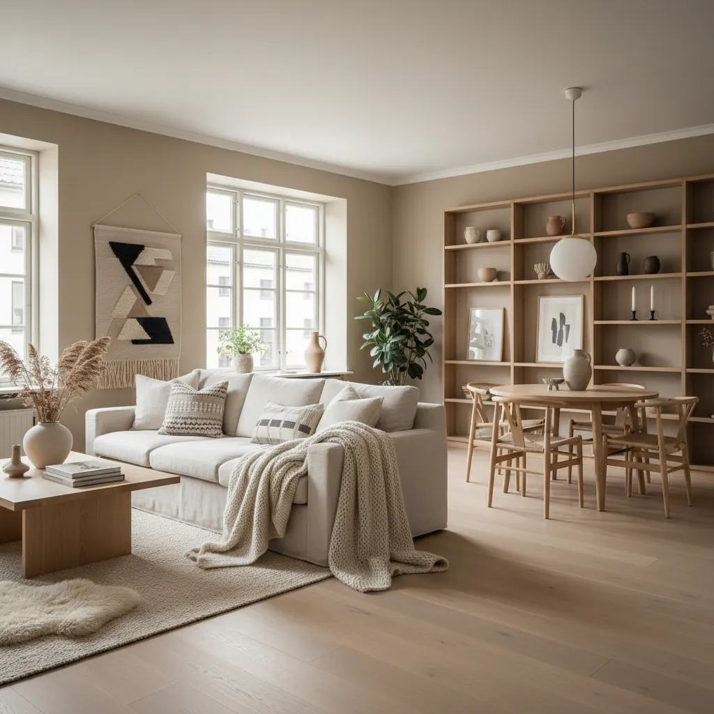Beige living room with white sofa wooden bookshelf round dining table and globe ceiling light