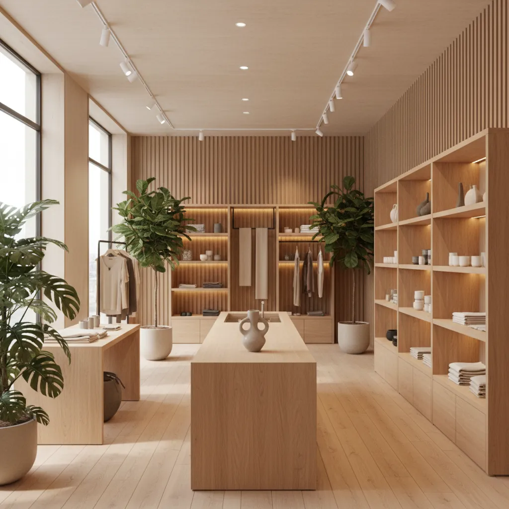 Interior de tienda con estilo minimalista cálido