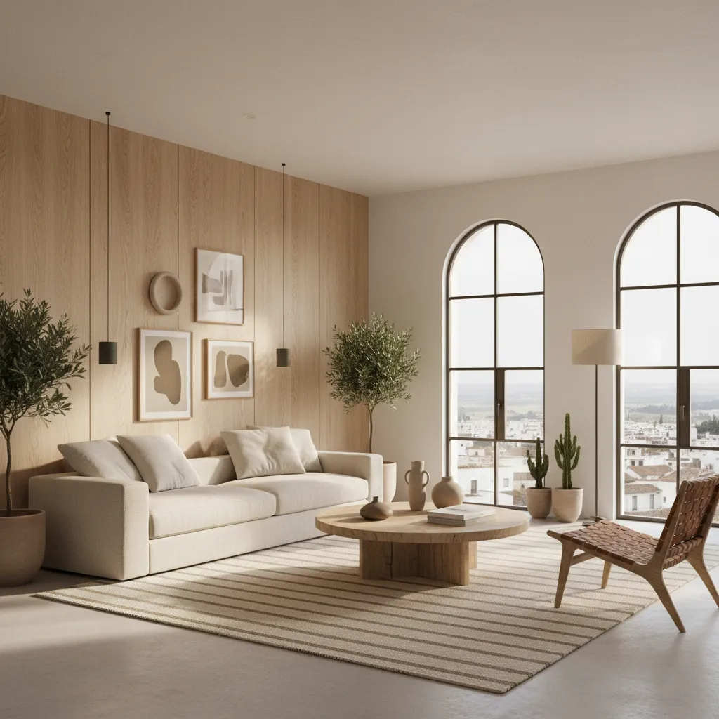 Interior de estilo mediterráneo contemporáneo con materiales naturales