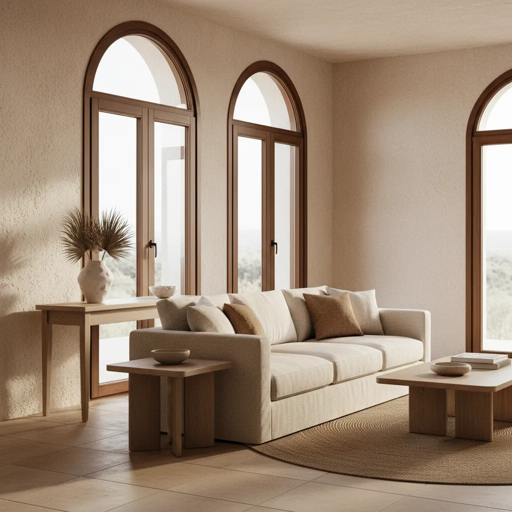 Living room with tall arched windows, beige sofa, wooden coffee table, and a round rug