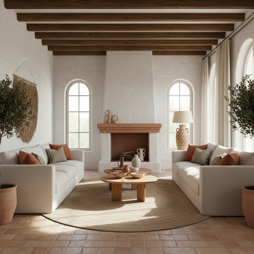 Interior con estilo mediterráneo moderno con tonos terracota y materiales naturales