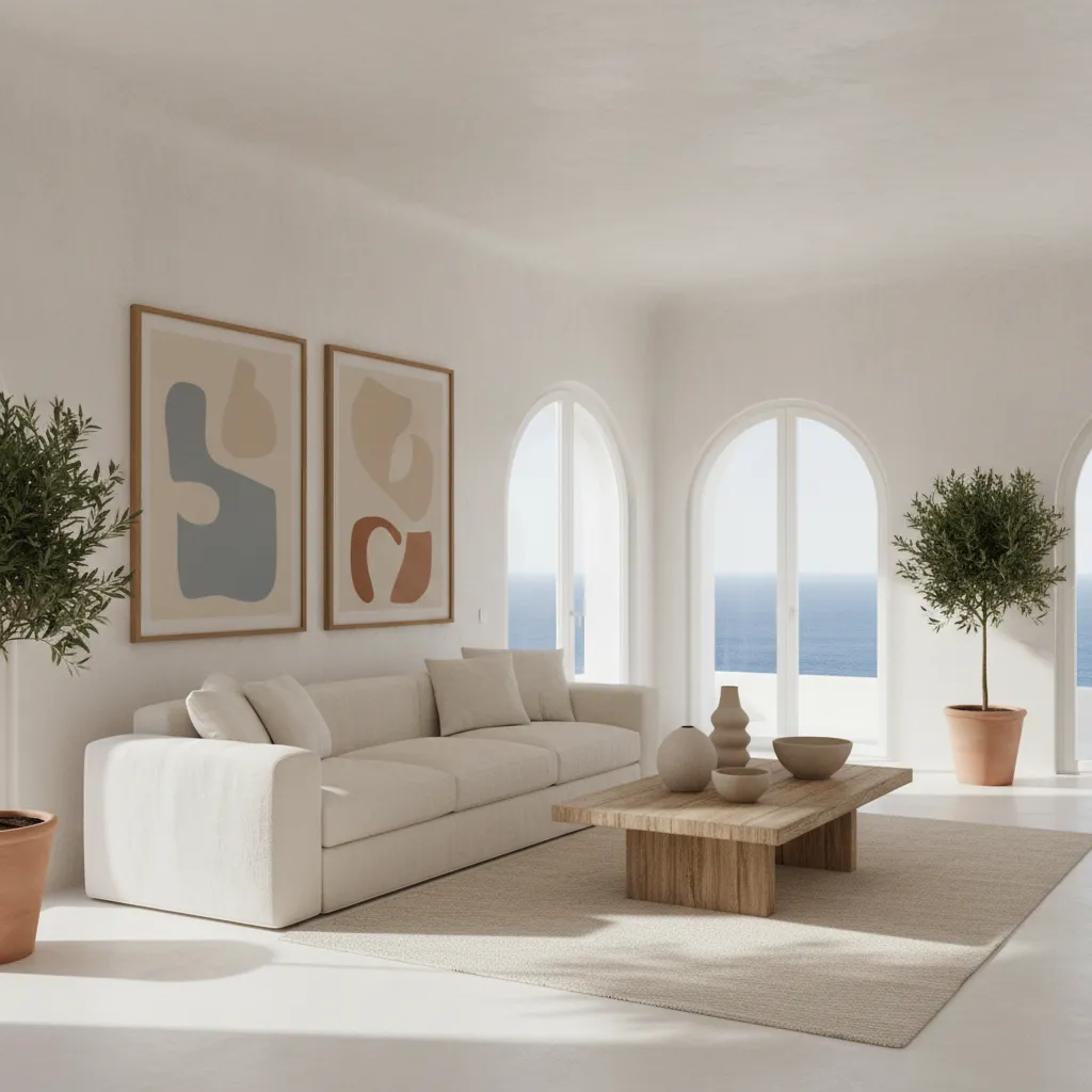 Salón mediterráneo moderno con paredes blancas y materiales naturales