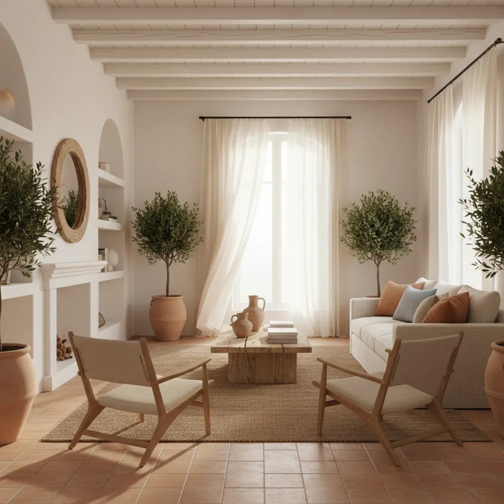 Salón mediterráneo moderno con paredes claras y materiales naturales