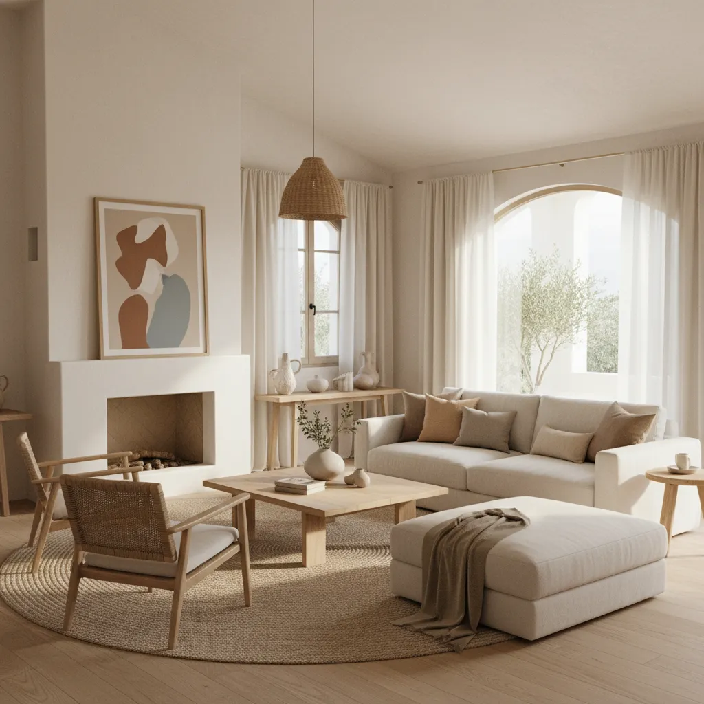 Interior de estilo mediterráneo moderno con madera clara y textiles naturales