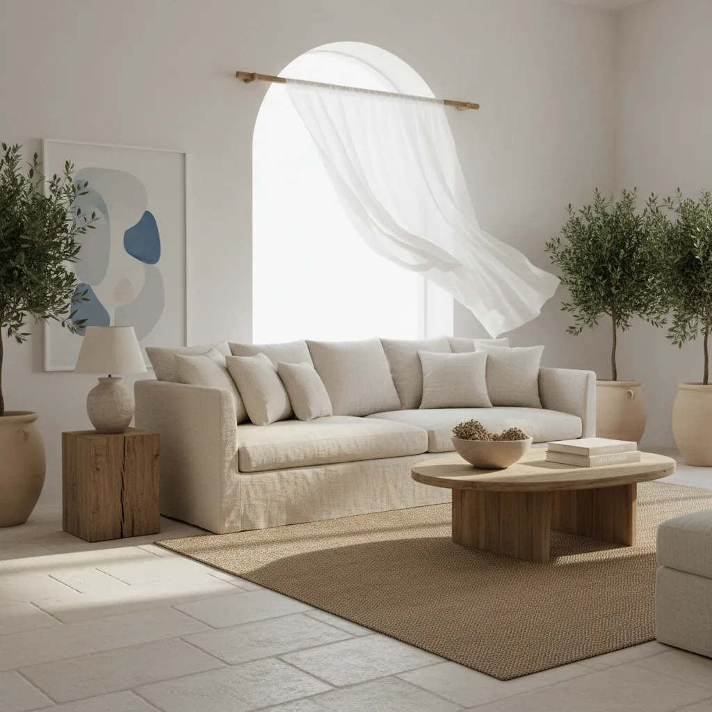 Salón moderno con estilo mediterráneo contemporáneo