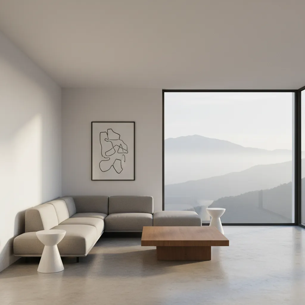 Espacio interior minimalista con pocos muebles y tonos claros