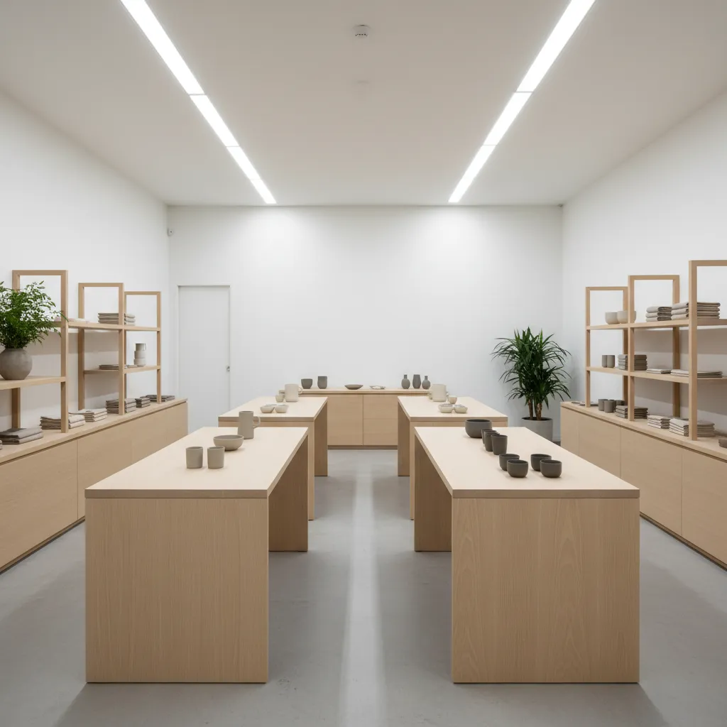 Tienda moderna con decoración minimalista y estanterías ordenadas