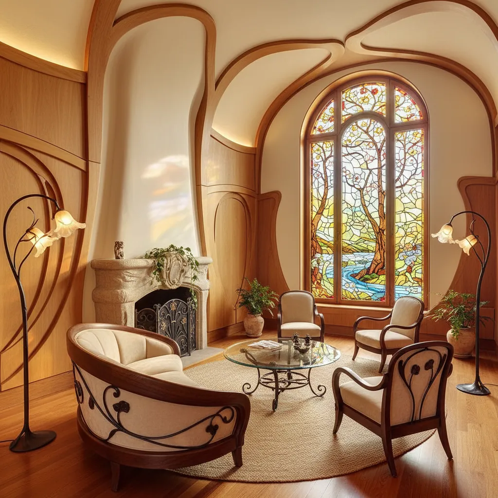 Living room with curved wood walls, fireplace, glass coffee table, sofa and stained glass window