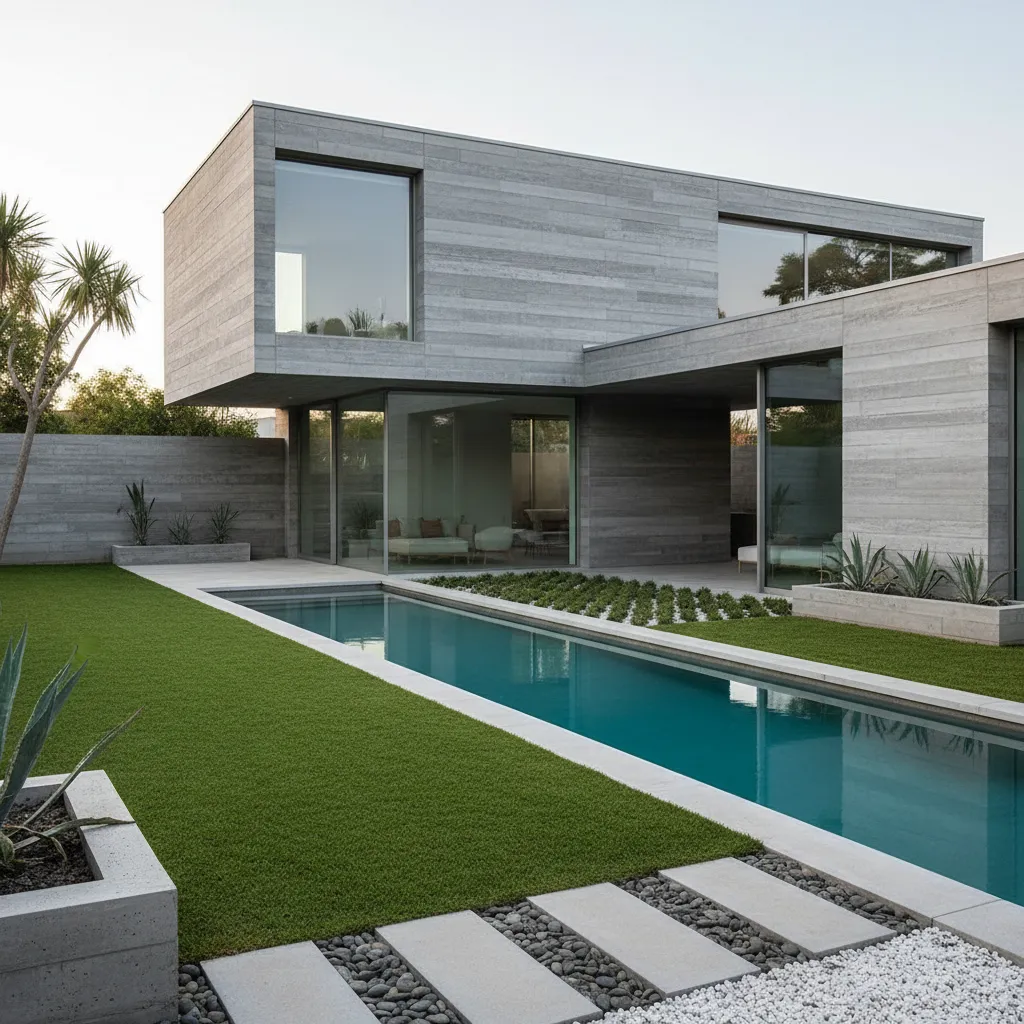 Casa moderna con piscina rectangular y jardín minimalista