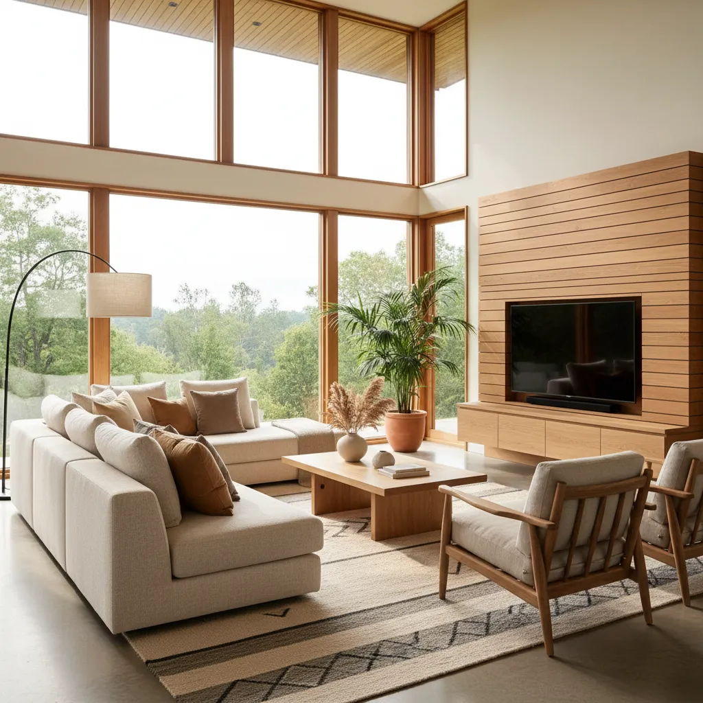 Salón moderno cálido con madera y tonos neutros