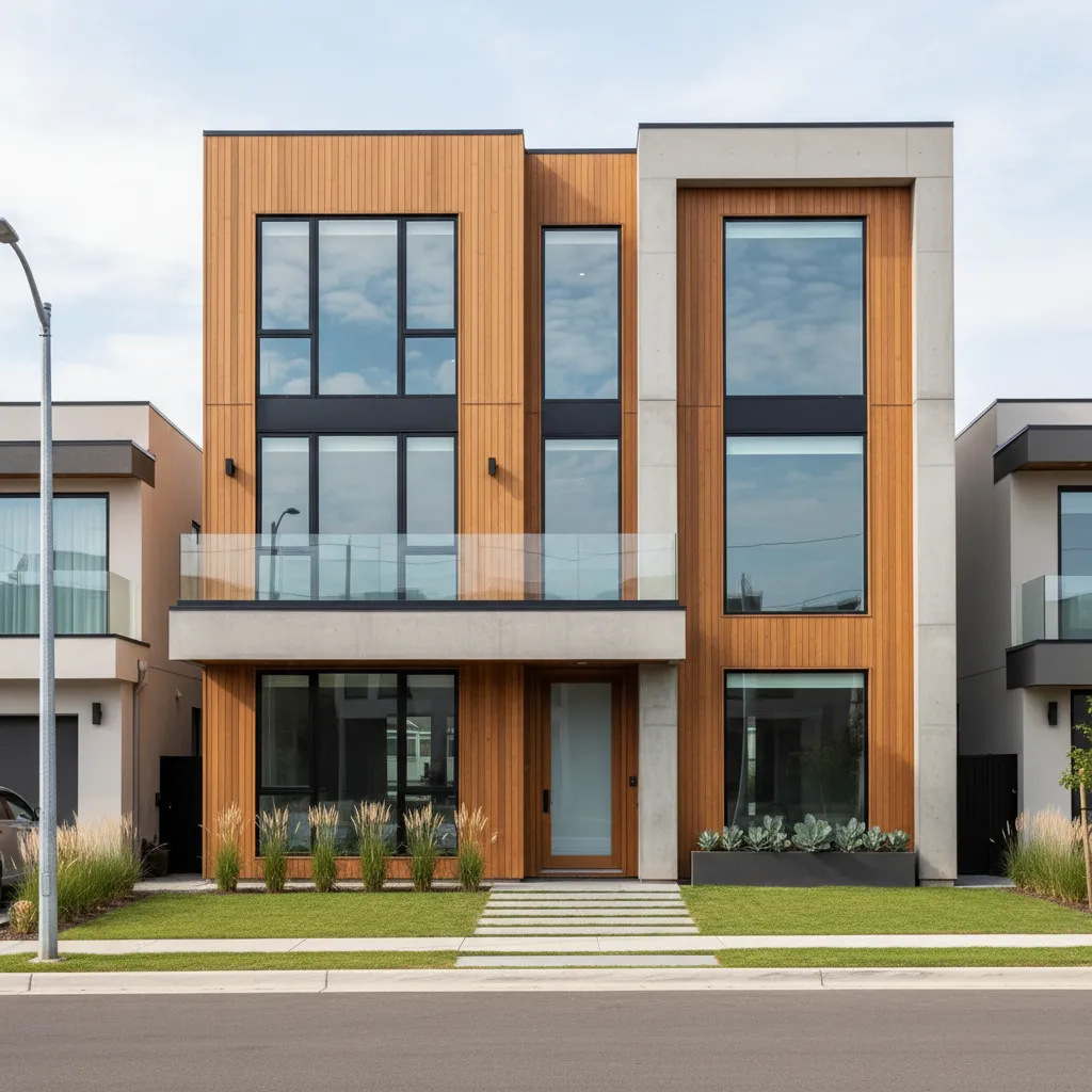 Fachada moderna de casa de tres niveles con madera y concreto