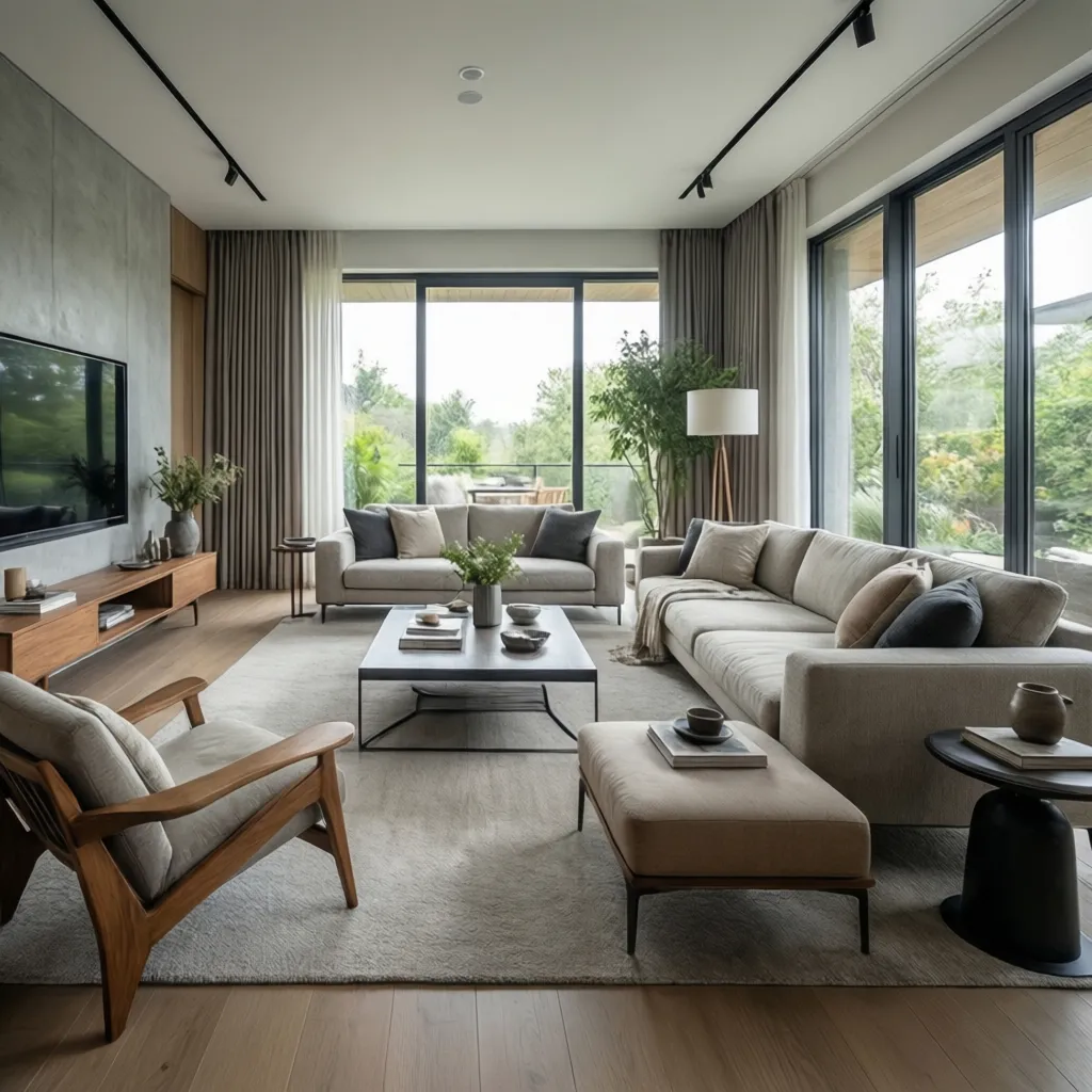 Sala de estar con diseño interior moderno, líneas limpias y colores neutros