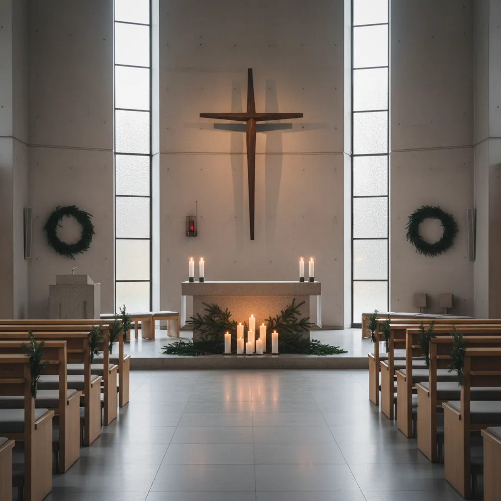 Iglesia decorada con estilo navideño minimalista