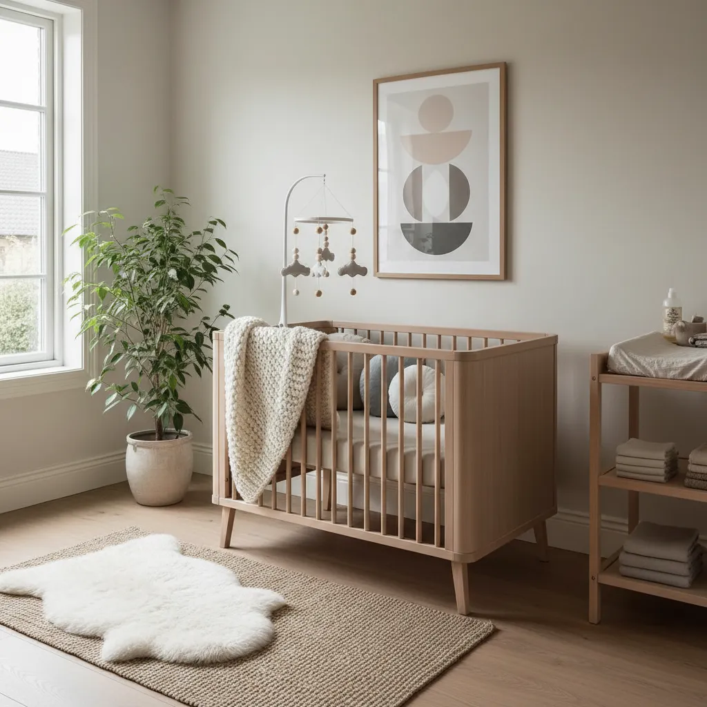Habitación de bebé estilo nórdico con madera clara y decoración minimalista