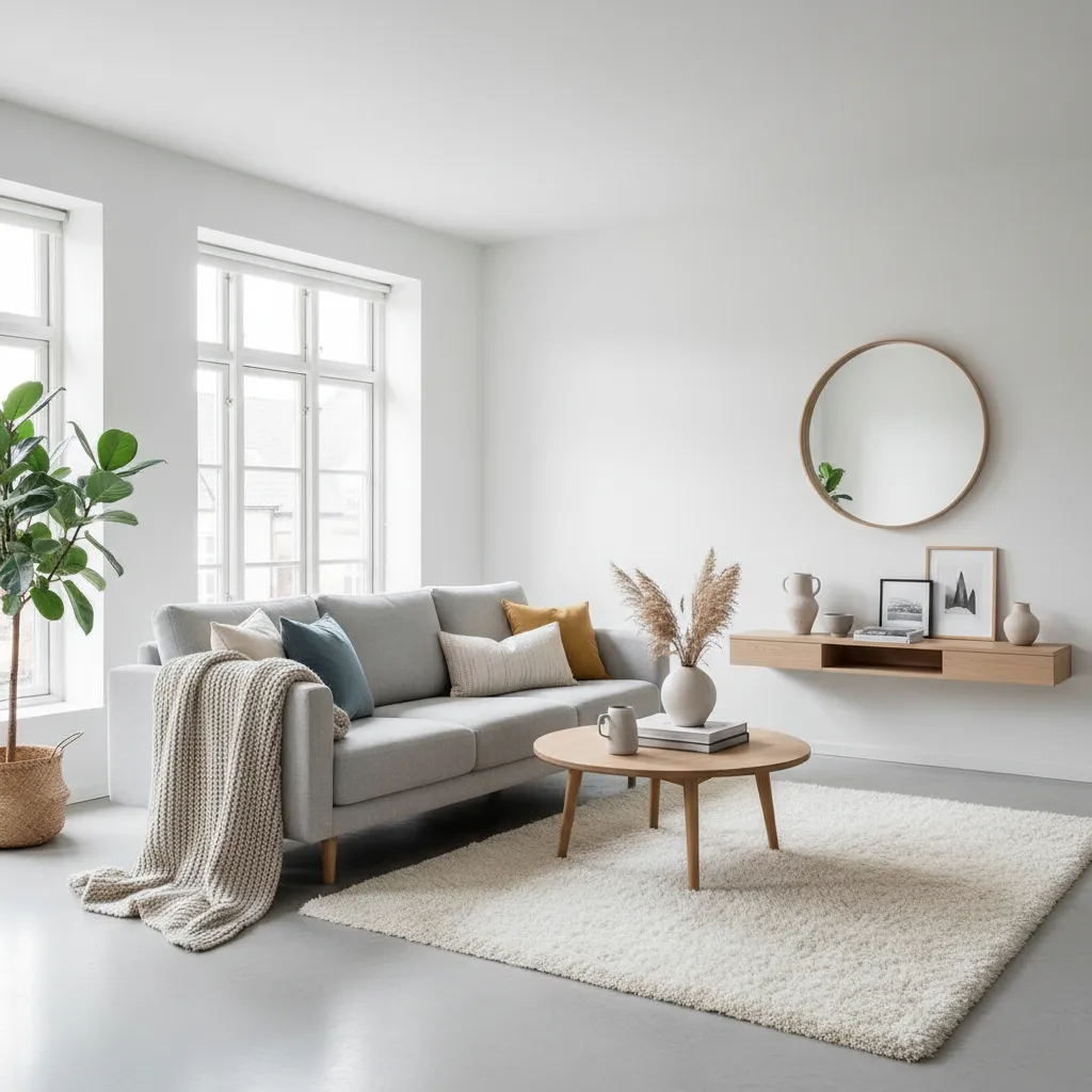 Salón de piso con estilo nórdico moderno y colores claros