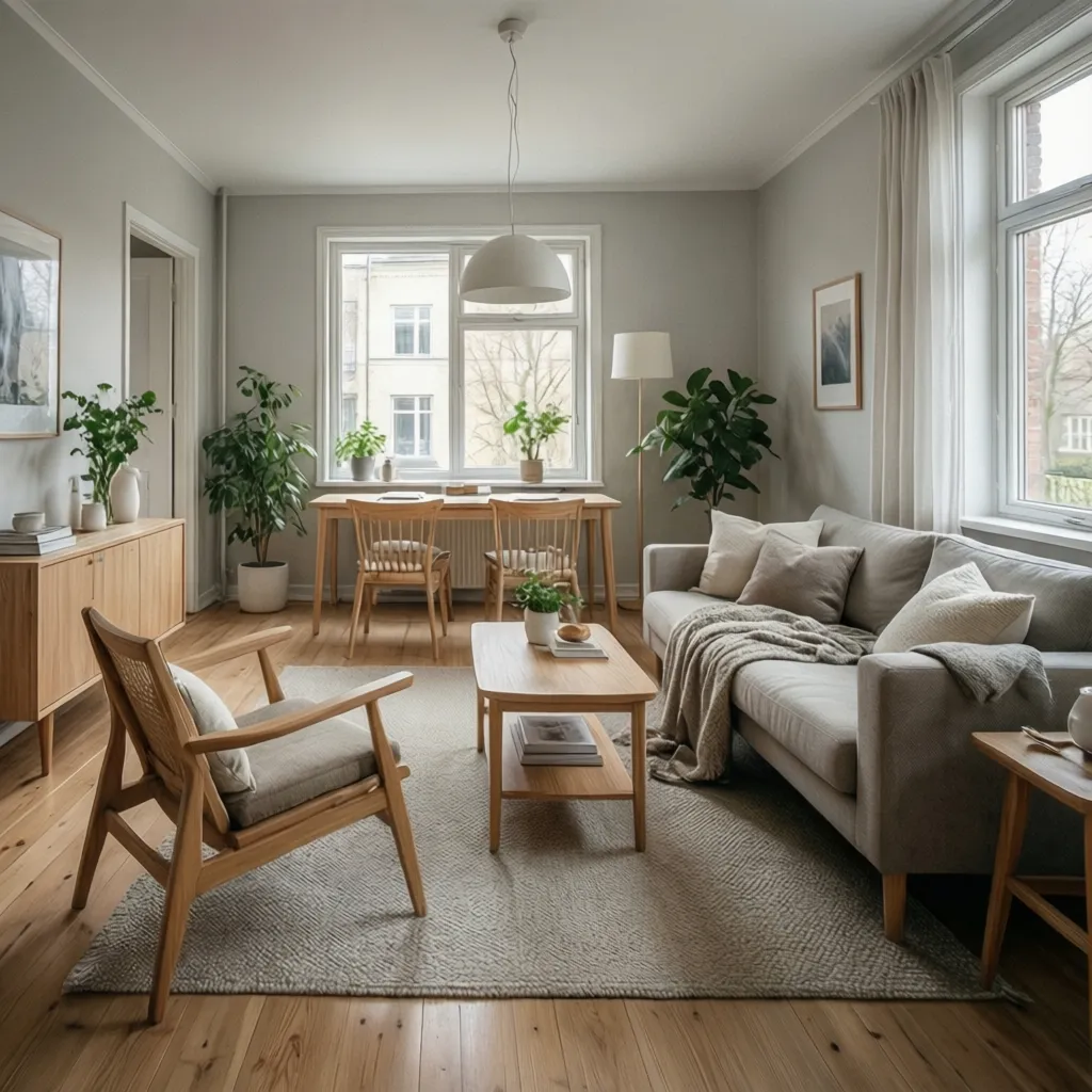 Interior de piso con estilo nórdico moderno y decoración minimalista
