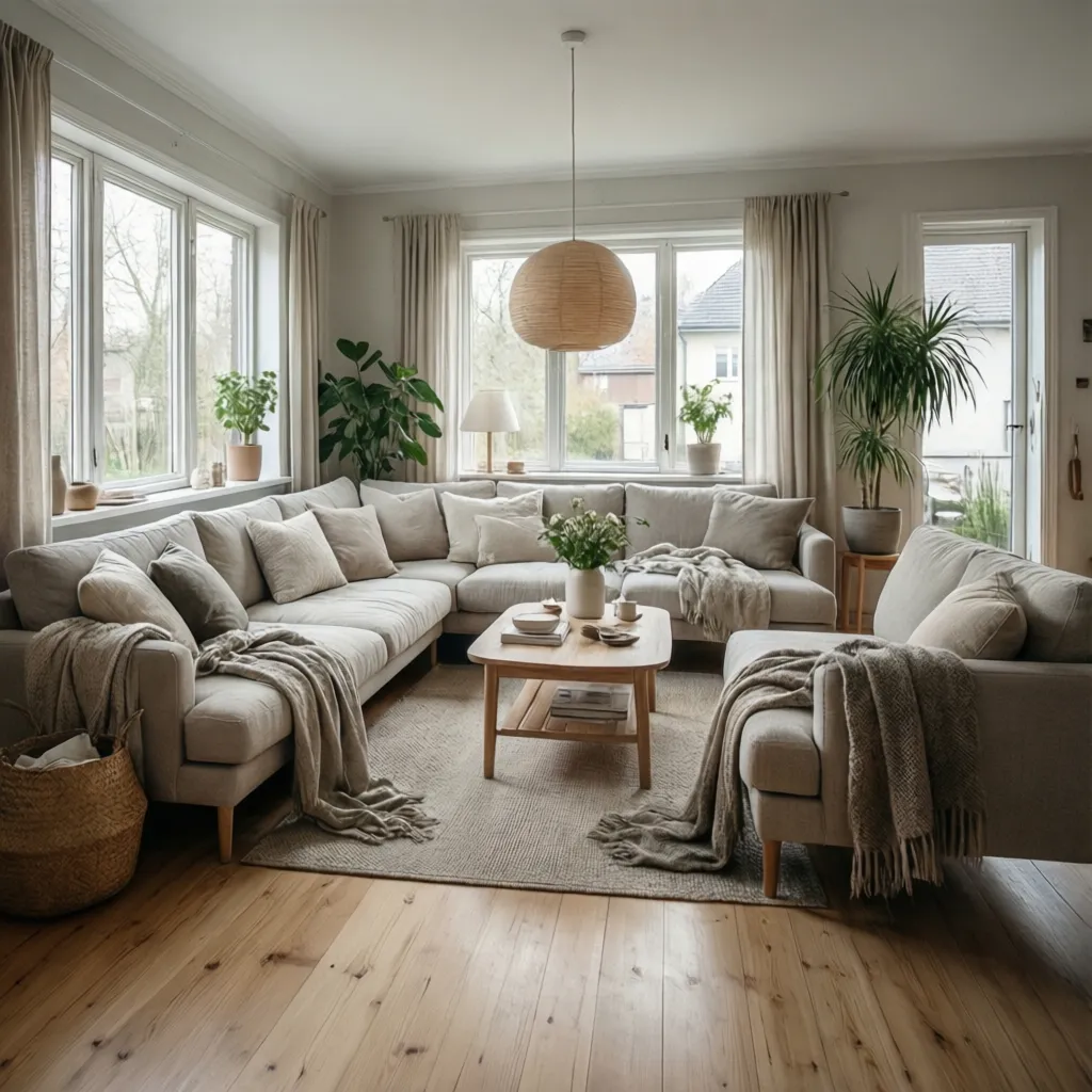 Cozy Scandinavian living room with large beige sofa wooden floors green plants and big windows
