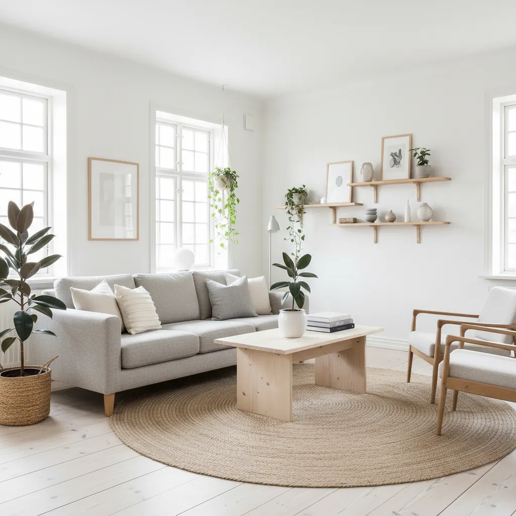 Salón de estilo escandinavo con muebles simples y tonos neutros