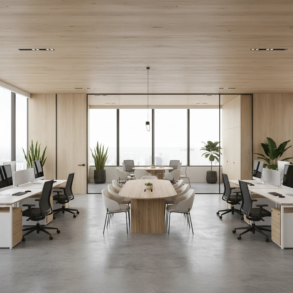 Oficina contemporánea con diseño elegante y materiales naturales