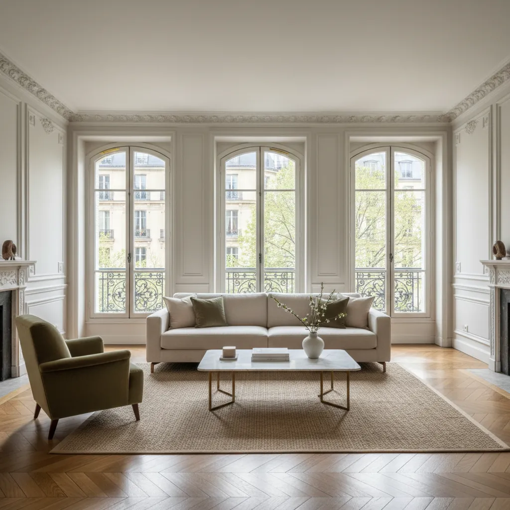 Bright living room with large windows beige sofa green armchair marble coffee table and rug
