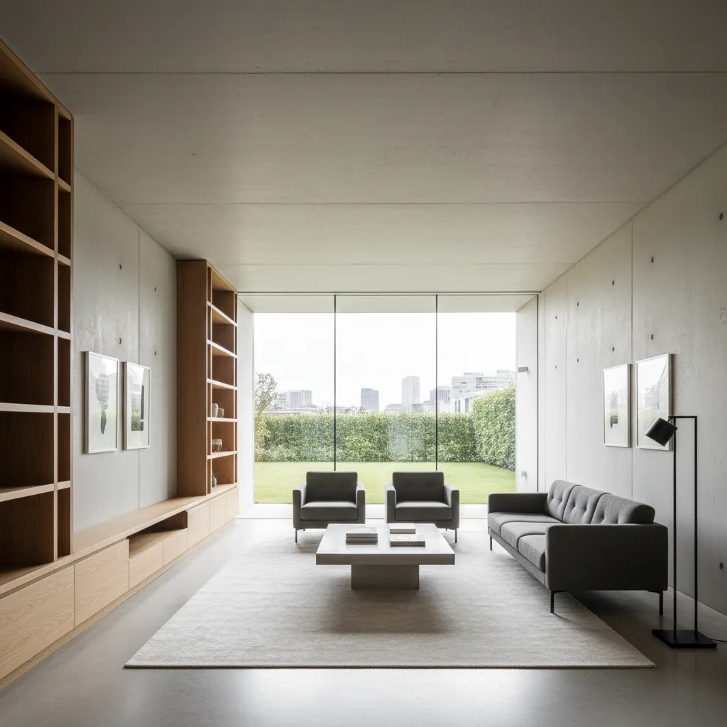 Modern living room with grey sofa, wooden bookshelf, concrete walls, large window, and green garden