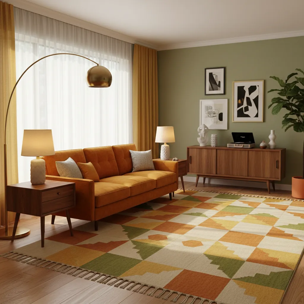 Orange sofa on colorful patterned rug with wooden cabinet and green wall in retro room