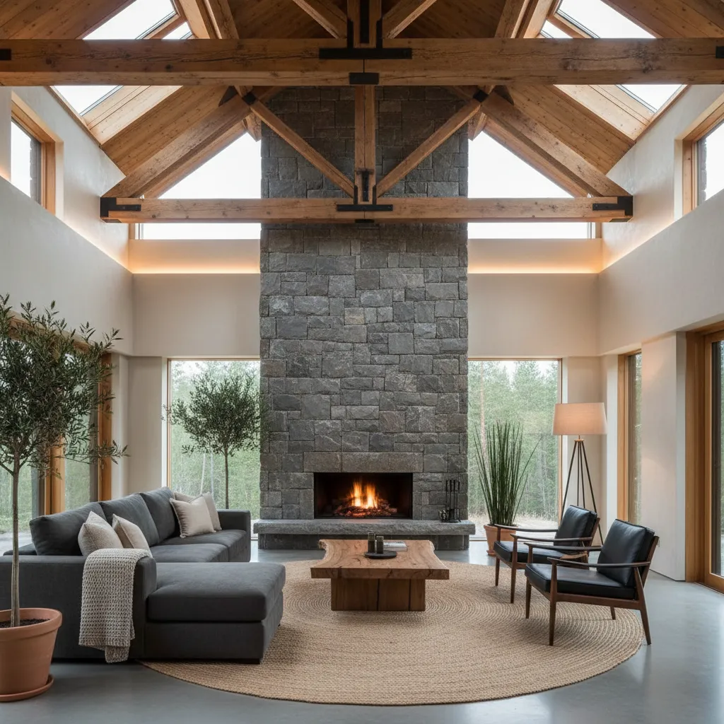 Salón rústico contemporáneo con madera natural y piedra