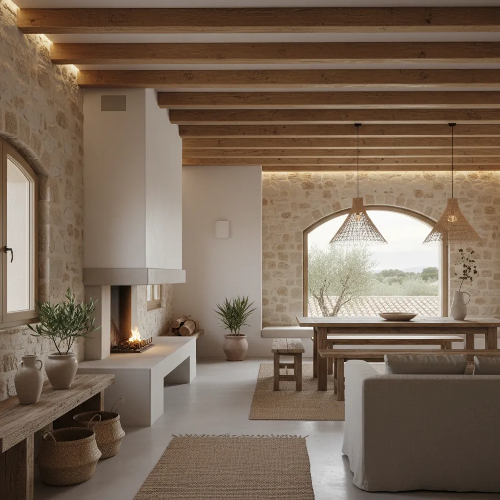 Modern rustic living room featuring a fireplace sofa wooden dining table stone walls and window