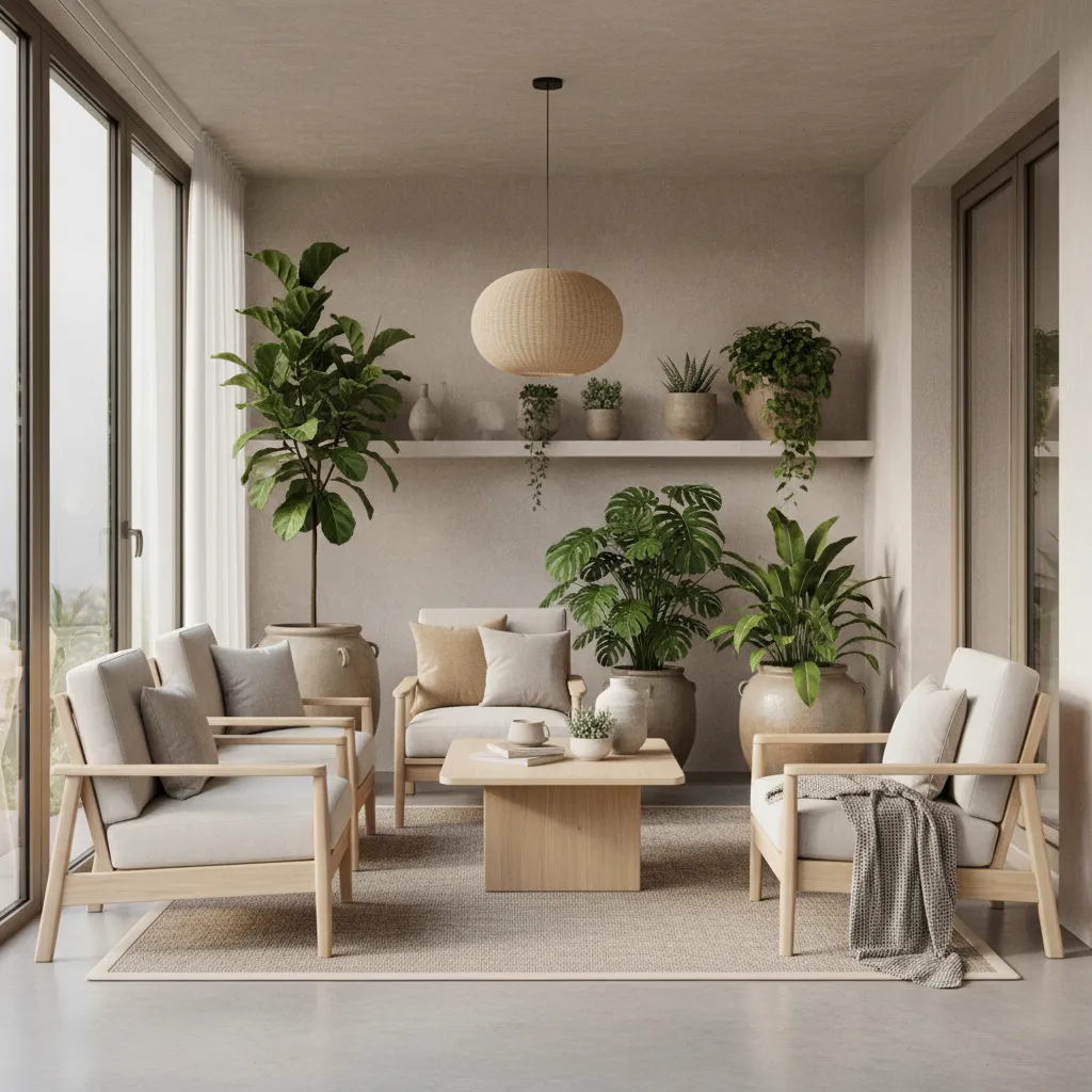 Terraza interior con estilo minimalista y muebles de madera clara