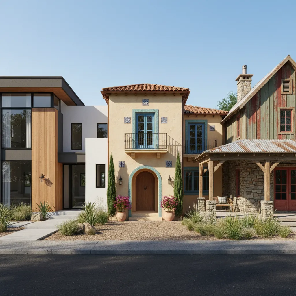 Comparison of three house styles including modern glass walls yellow plaster and rustic stone walls