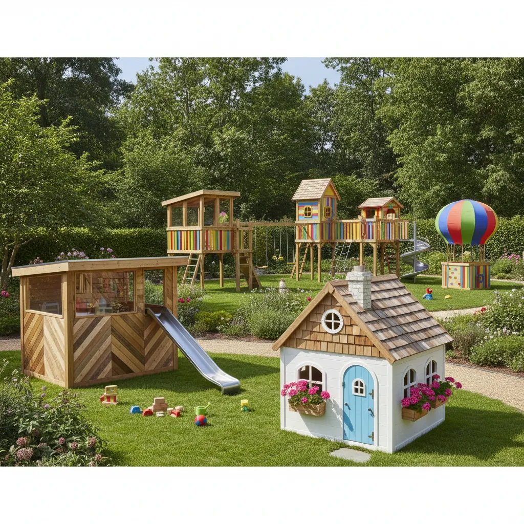 Diferentes estilos de casas de madera infantiles en jardín