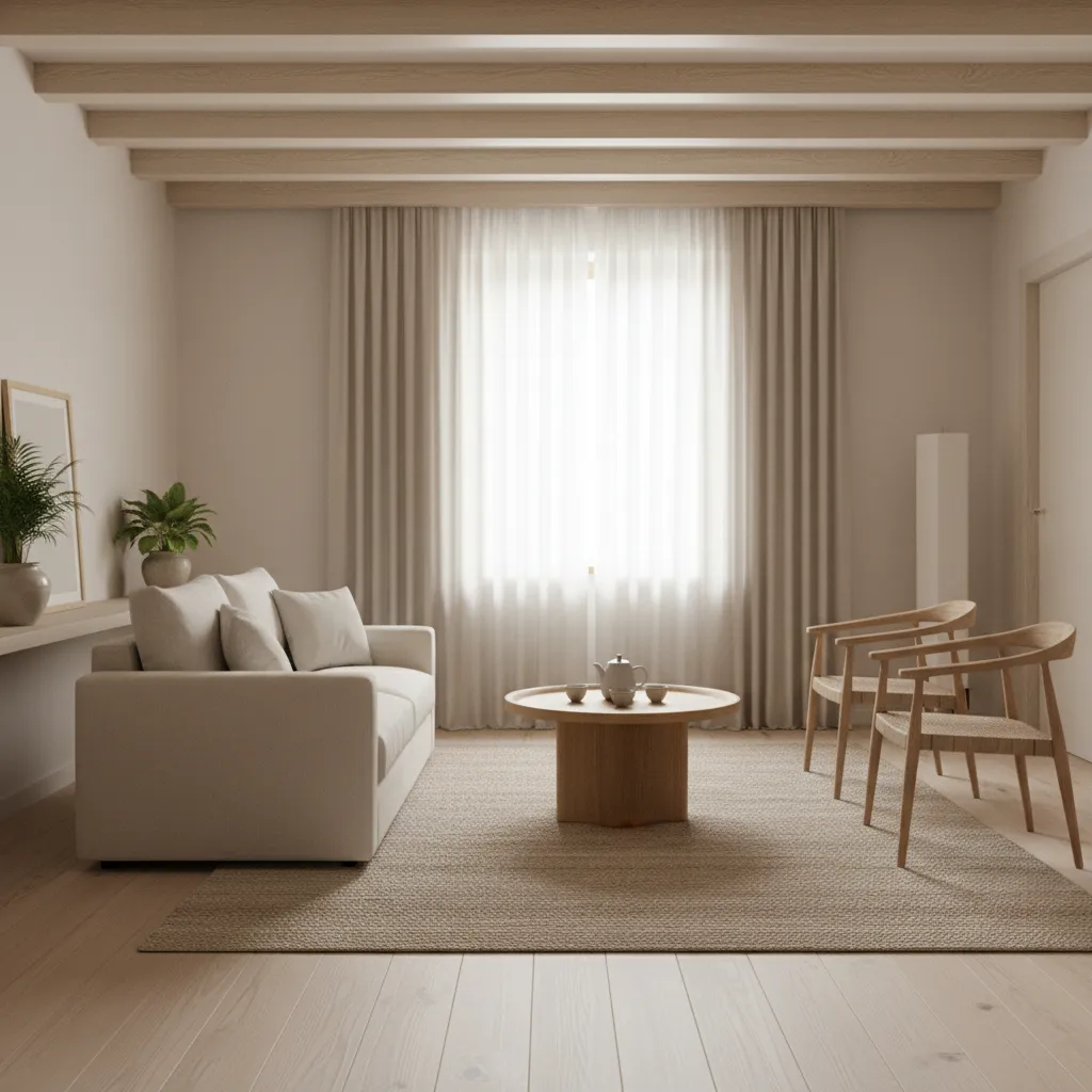 interior de casa con estilo japandi minimalista y madera clara