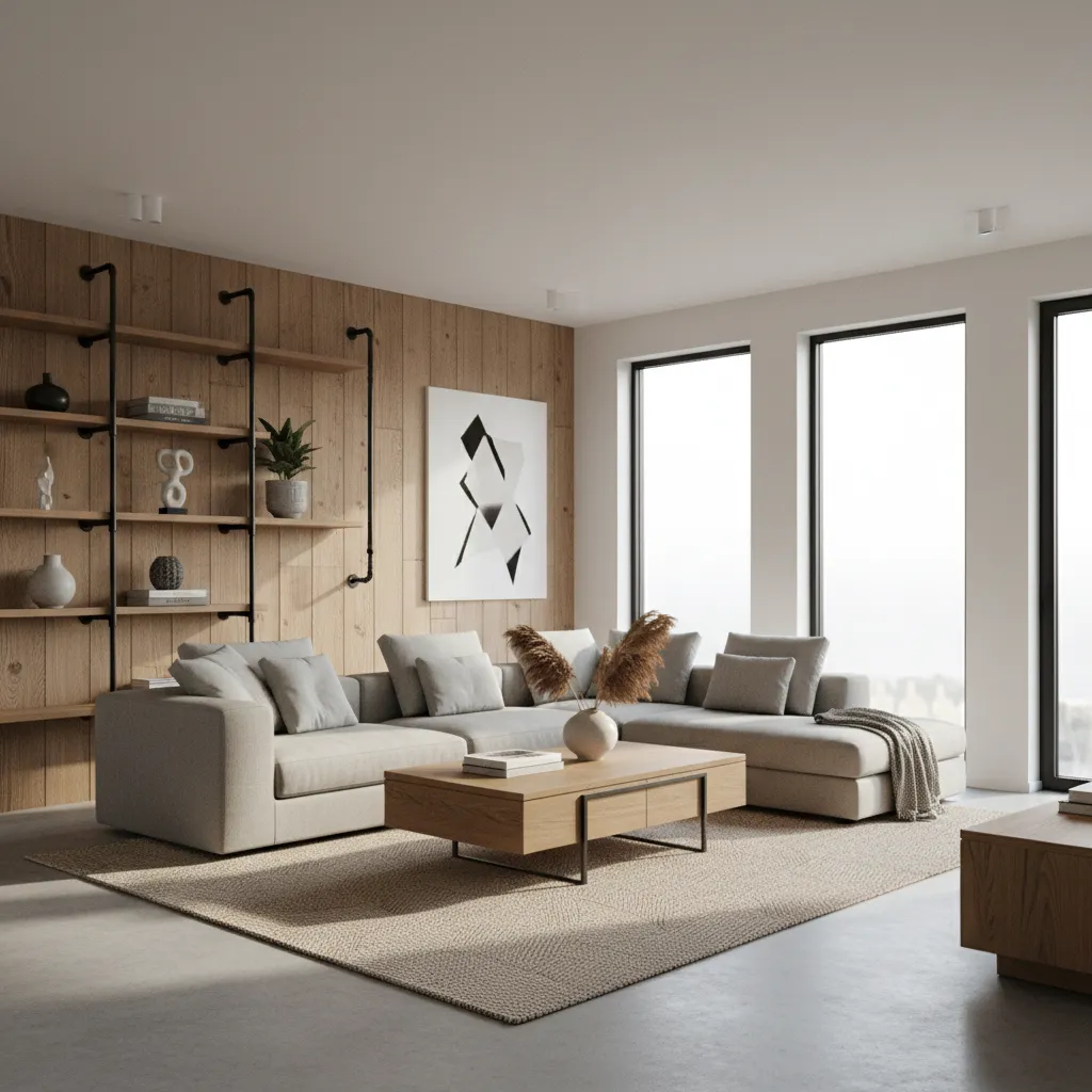 Minimalist living room with grey sofa wood wall panel open shelves coffee table and windows