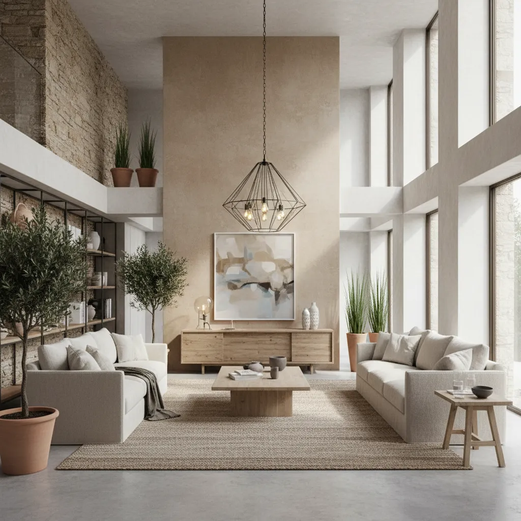 Modern living room with white sofas, large rug, wooden cabinet, tall windows, and ceiling light
