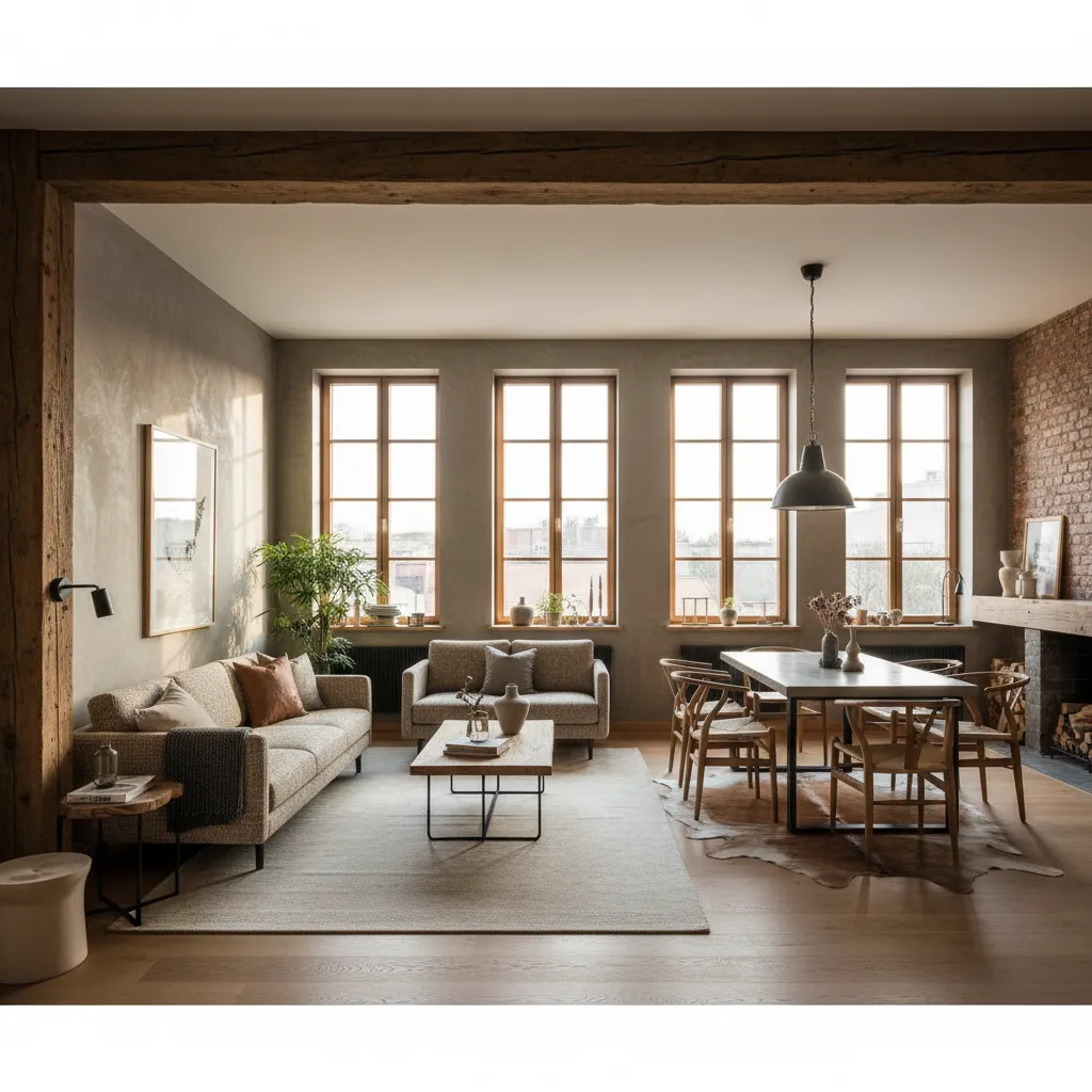 Spacious rustic living room with brick wall grey sofa wooden coffee table and dining table