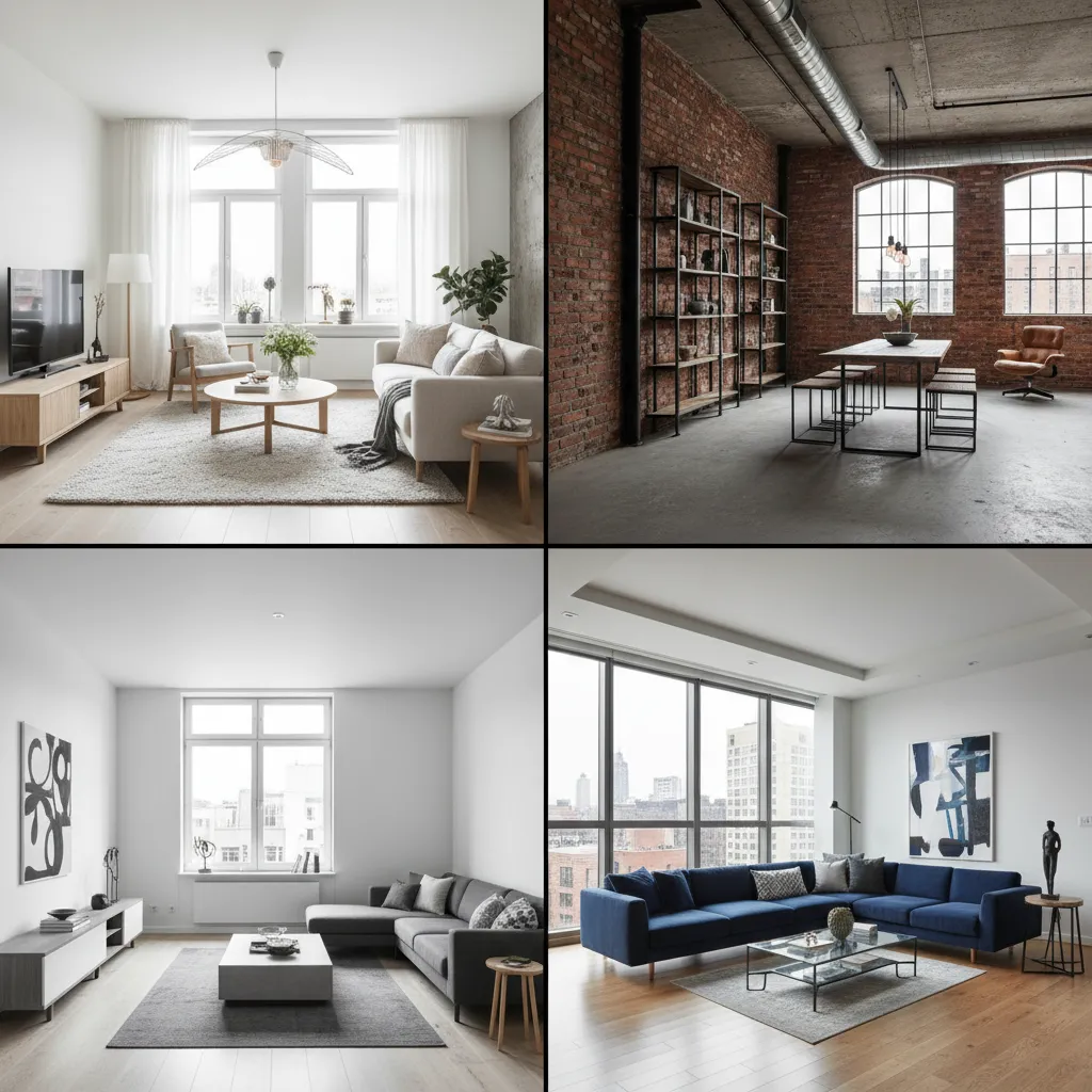 Four interior design drawings showing modern living rooms with sofa dining table and large windows