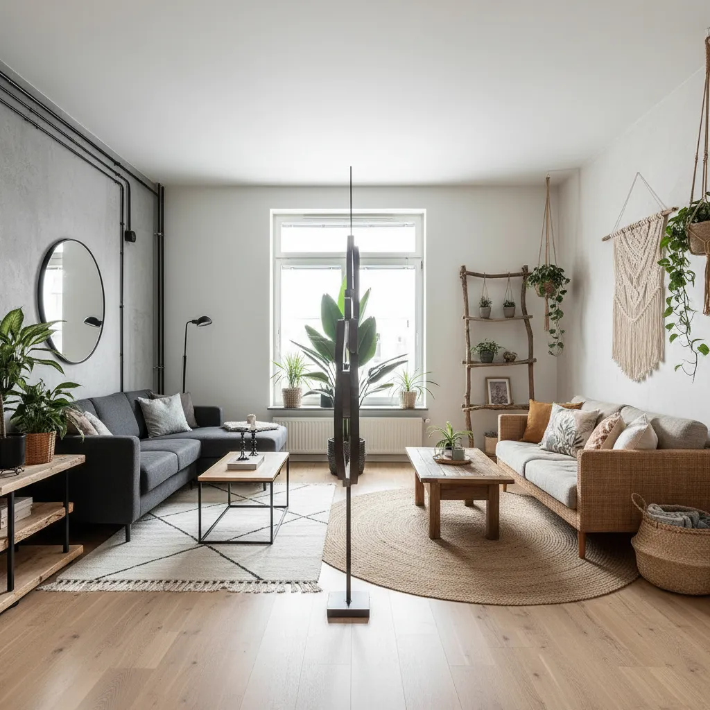 Living room comparison featuring dark grey sofa and beige sofa with many green indoor plants