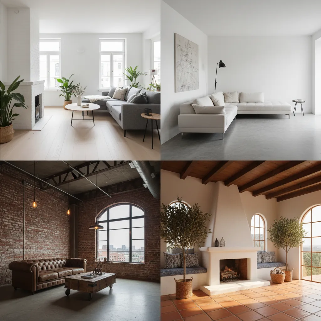 Four grid images showing different living room styles like modern white industrial and warm Mediterranean