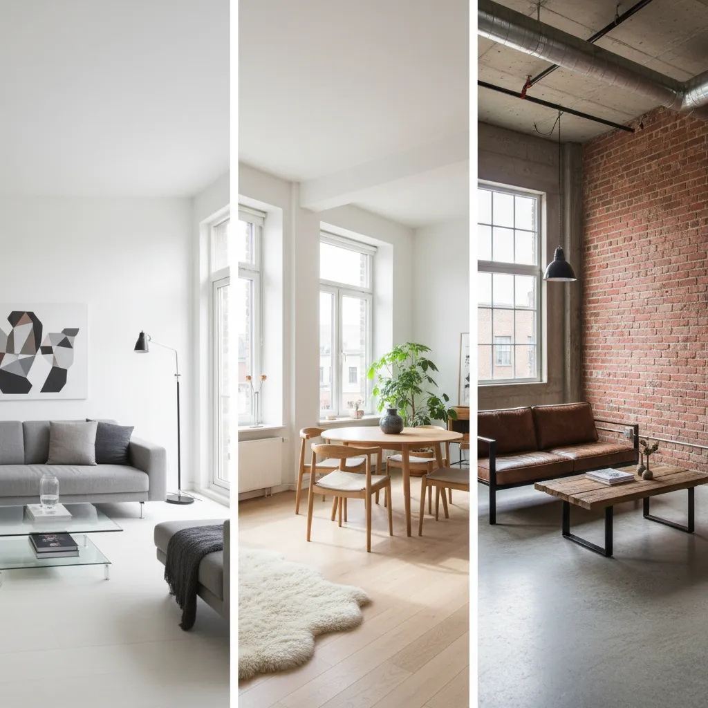 Collage featuring minimalist white living room, wooden dining area, and industrial red brick loft room