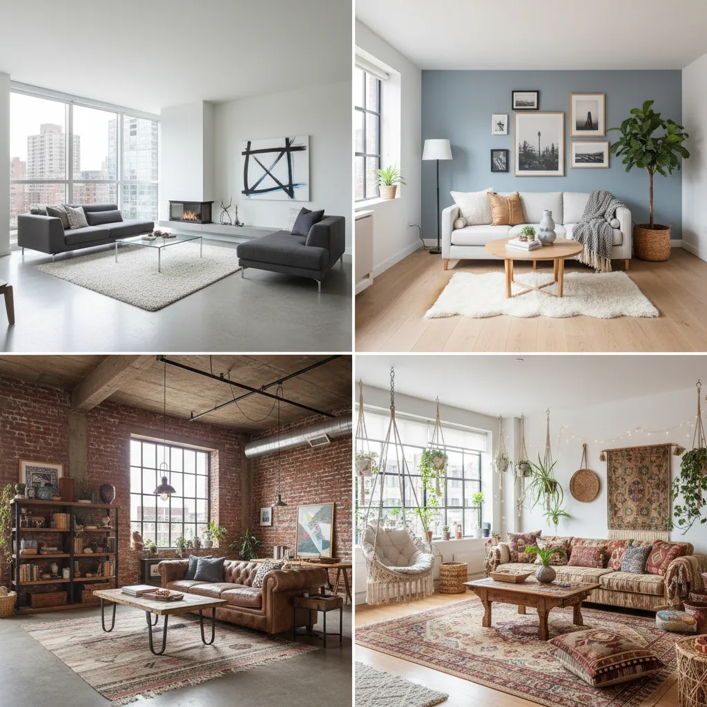 Comparación visual de diferentes estilos de interiores en salas de estar