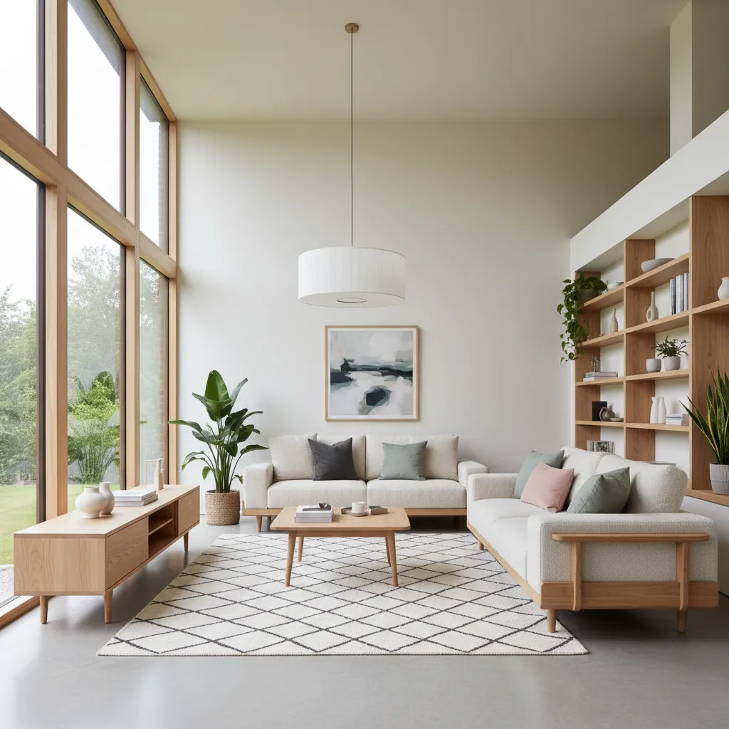 Bright modern living room with beige sofas wooden shelves a potted plant and large windows
