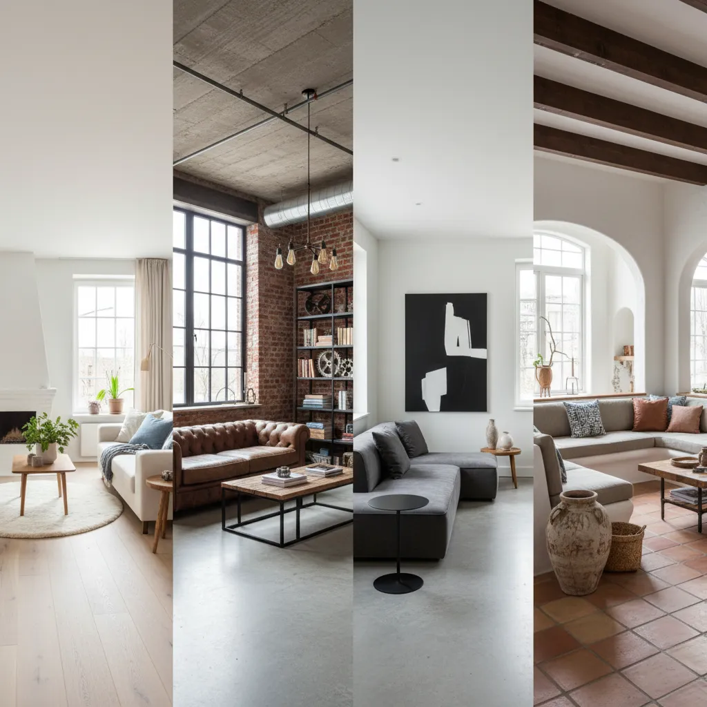 Collage of four living rooms showing different furniture styles from modern sofas to rustic floors